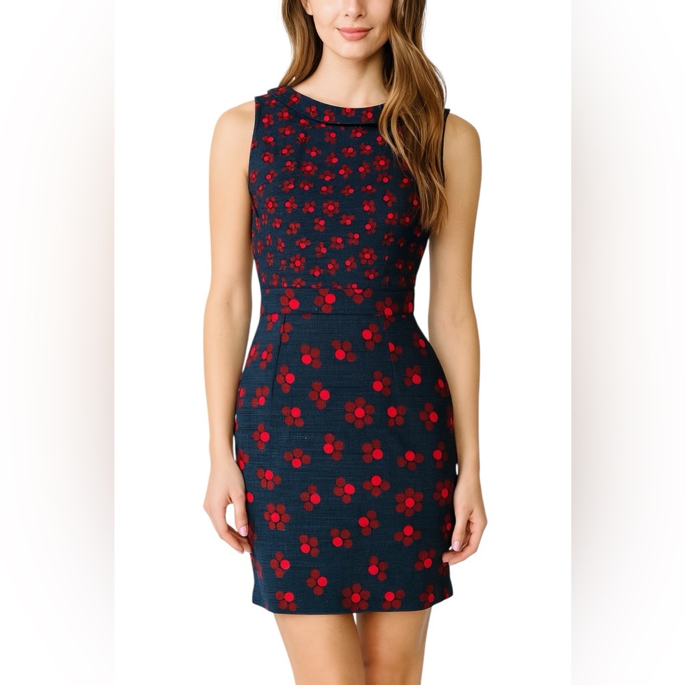 Boden Navy Sheath Dress with Red Floral Pattern